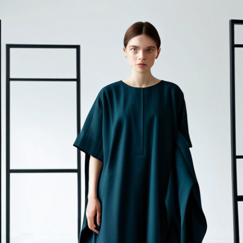 Home 22 A thoughtful female fashion designer, fully clothed in a modest, dark-colored tunic and tailored trousers, stands in a bright, minimalist design studio. She attentively observes a mannequin draped with a deconstructed, experimental garment made from raw, textured fabric, showcasing exposed seams and innovative architectural forms. The soft, natural light emphasizes the garment's unique silhouette. The scene conveys an atmosphere of intellectual creativity and artistic exploration, safe for work, appropriate content, professional, perfect anatomy, correct proportions, well-formed hands, natural body proportions, natural pose, high quality photography.