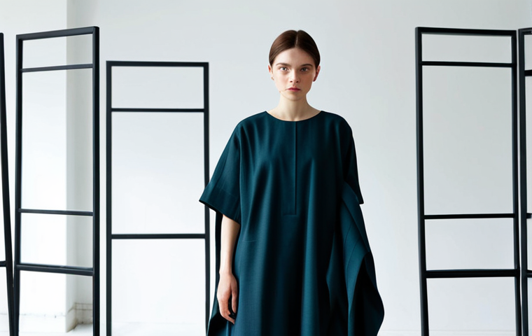 A thoughtful female fashion designer, fully clothed in a modest, dark-colored tunic and tailored trousers, stands in a bright, minimalist design studio. She attentively observes a mannequin draped with a deconstructed, experimental garment made from raw, textured fabric, showcasing exposed seams and innovative architectural forms. The soft, natural light emphasizes the garment's unique silhouette. The scene conveys an atmosphere of intellectual creativity and artistic exploration, safe for work, appropriate content, professional, perfect anatomy, correct proportions, well-formed hands, natural body proportions, natural pose, high quality photography.