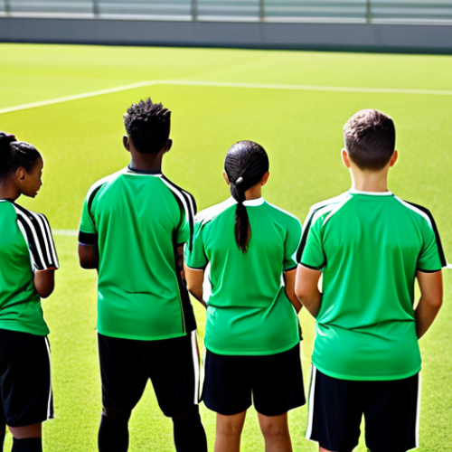 Home 21 A diverse group of young male and female football players, fully clothed in appropriate athletic training gear and modest team uniforms, engaged in a dynamic, professional training session on a vibrant green football pitch. Experienced coaches, dressed in professional athletic wear, are observing and guiding them, embodying a philosophy of holistic youth development. The background features a modern sports academy setting under bright daylight, conveying a sense of disciplined growth. perfect anatomy, correct proportions, natural poses, well-formed hands, proper finger count, natural body proportions, high quality, professional photography, safe for work, appropriate content, fully clothed, family-friendly.