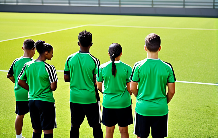 A diverse group of young male and female football players, fully clothed in appropriate athletic training gear and modest team uniforms, engaged in a dynamic, professional training session on a vibrant green football pitch. Experienced coaches, dressed in professional athletic wear, are observing and guiding them, embodying a philosophy of holistic youth development. The background features a modern sports academy setting under bright daylight, conveying a sense of disciplined growth. perfect anatomy, correct proportions, natural poses, well-formed hands, proper finger count, natural body proportions, high quality, professional photography, safe for work, appropriate content, fully clothed, family-friendly.
