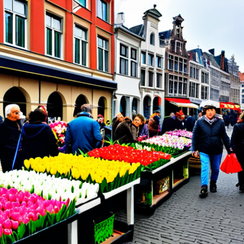Home 9 Antwerp Sunday Market**
"A bustling scene at Antwerp's Sunday market (Vogeltjesmarkt), filled with vibrant flower stalls and people browsing. In the foreground, a family admires a colorful display of tulips. Vendors are arranging bouquets and interacting with customers. Everyone is fully clothed in casual, comfortable attire suitable for a market visit. The overall atmosphere is lively and welcoming. Background: Historic Antwerp buildings. Safe for work, appropriate content, fully clothed, professional photography, perfect anatomy, natural proportions, well-formed hands, proper finger count."
**