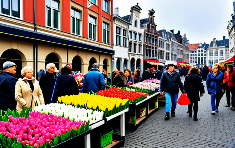 Antwerp Sunday Market**

"A bustling scene at Antwerp's Sunday market (Vogeltjesmarkt), filled with vibrant flower stalls and people browsing. In the foreground, a family admires a colorful display of tulips. Vendors are arranging bouquets and interacting with customers. Everyone is fully clothed in casual, comfortable attire suitable for a market visit. The overall atmosphere is lively and welcoming. Background: Historic Antwerp buildings.  Safe for work, appropriate content, fully clothed, professional photography, perfect anatomy, natural proportions, well-formed hands, proper finger count."

**