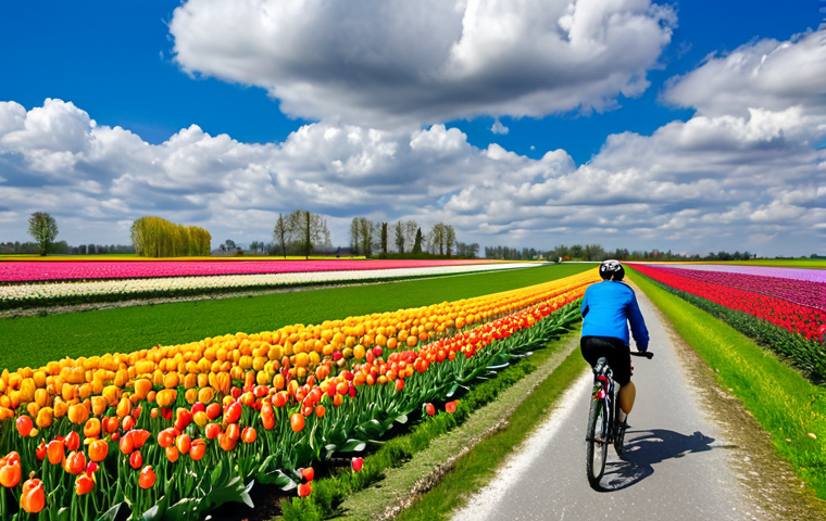 벨기에 사계절 날씨 - Spring in Belgium**

"A vibrant field of colorful tulips in the Belgian countryside under a partly c...