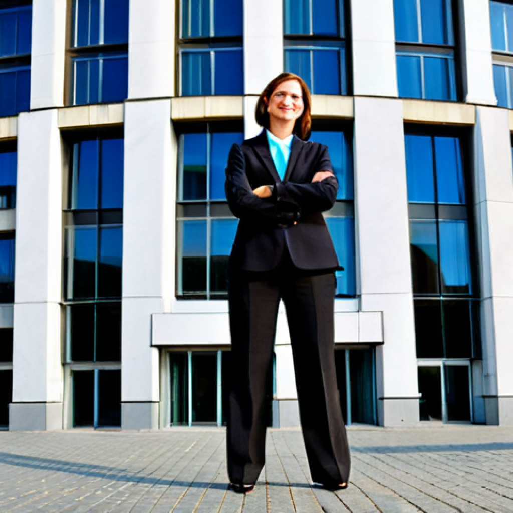 벨기에 은행 계좌 개설 - **A professional businesswoman in a modest business suit, standing in front of the Berlaymont buildi...