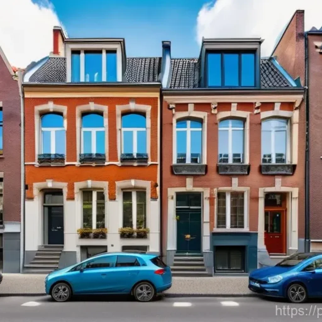 벨기에 주택 가격 - A vibrant, panoramic view of Belgium's diverse real estate market. In the foreground, a modern apart...