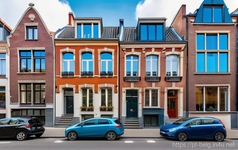 벨기에 주택 가격 - A vibrant, panoramic view of Belgium's diverse real estate market. In the foreground, a modern apart...