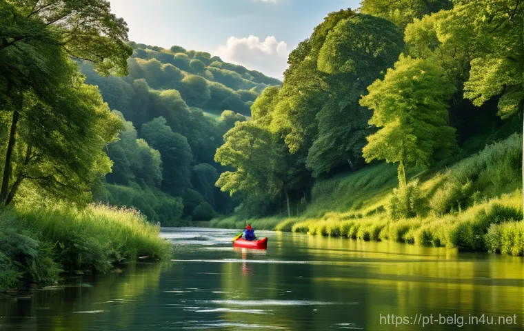 아르덴 산맥 - **Prompt 1: Verdant Ardennes River Adventure**
    "A stunning wide-angle shot of a person, dressed ...