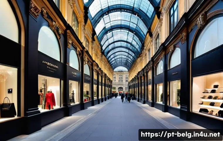 벨기에 쇼핑 명소 - **Urban Elegance and High Fashion in Brussels:**
    "A sophisticated and bustling street scene in B...