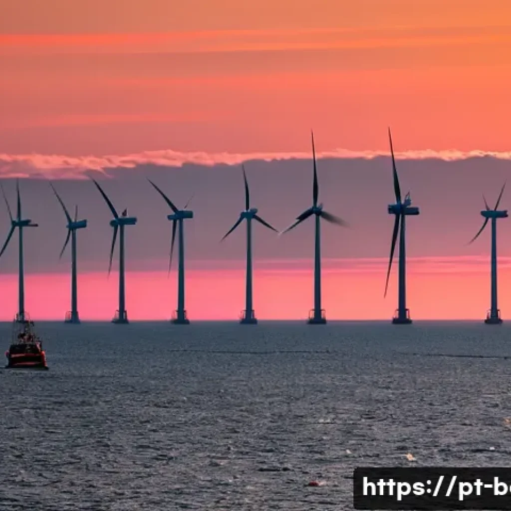 벨기에 친환경 정책 - A panoramic view of a Belgian coastal offshore wind farm at sunset, featuring rows of modern white w...