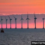 벨기에 친환경 정책 - A panoramic view of a Belgian coastal offshore wind farm at sunset, featuring rows of modern white w...