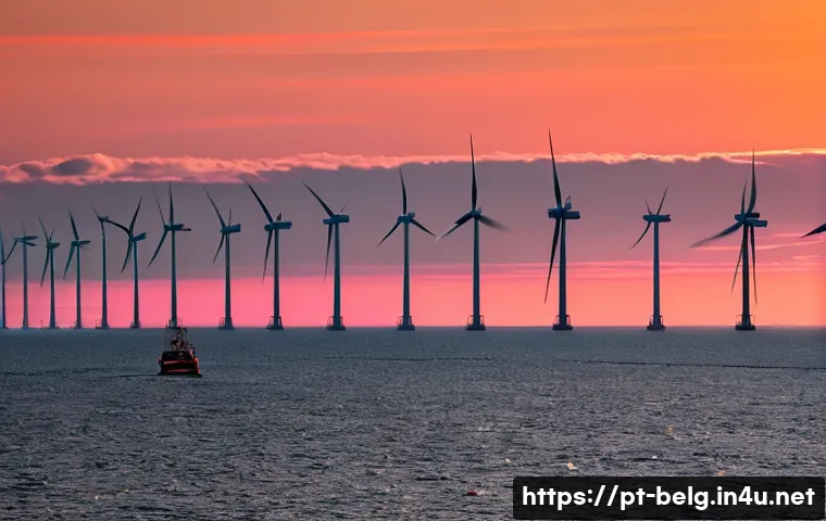 벨기에 친환경 정책 - A panoramic view of a Belgian coastal offshore wind farm at sunset, featuring rows of modern white w...