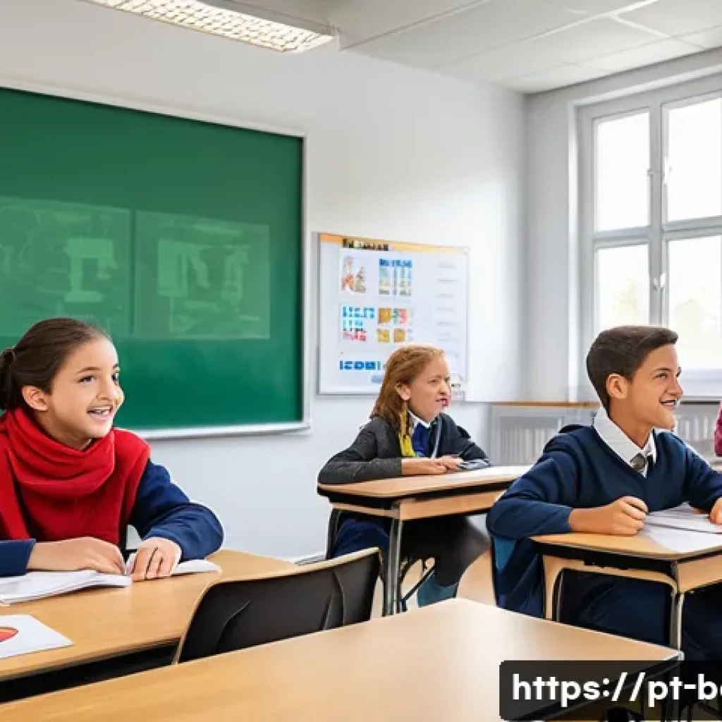 벨기에 국제학교 - A bright, modern international school classroom in Belgium filled with diverse students aged around ...
