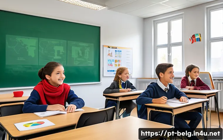 벨기에 국제학교 - A bright, modern international school classroom in Belgium filled with diverse students aged around ...
