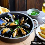 벨기에 홍합 요리 - A rustic Belgian seafood dish featuring a large cast iron pot filled with freshly cooked mussels in ...