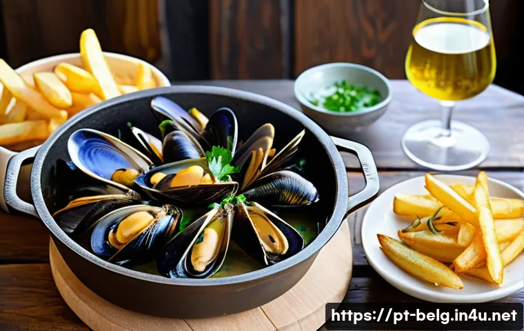 벨기에 홍합 요리 - A rustic Belgian seafood dish featuring a large cast iron pot filled with freshly cooked mussels in ...