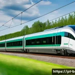 벨기에 교통 시스템 - A modern Belgian intercity train speeding through lush green countryside, with sleek aerodynamic des...