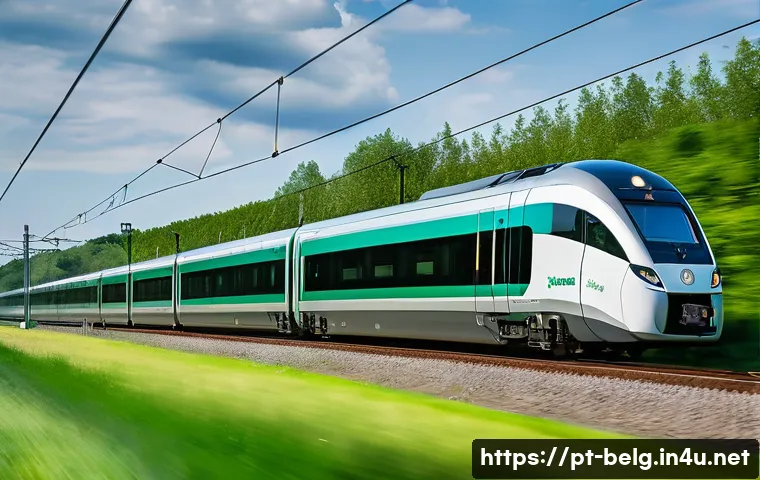 벨기에 교통 시스템 - A modern Belgian intercity train speeding through lush green countryside, with sleek aerodynamic des...