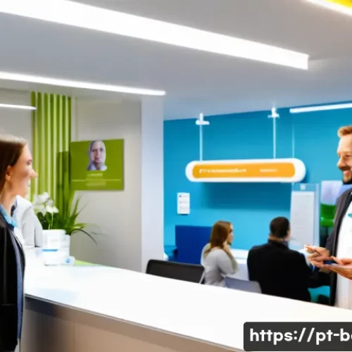 벨기에 공공 의료 - A modern Belgian healthcare clinic reception area bustling with diverse patients and medical staff, ...