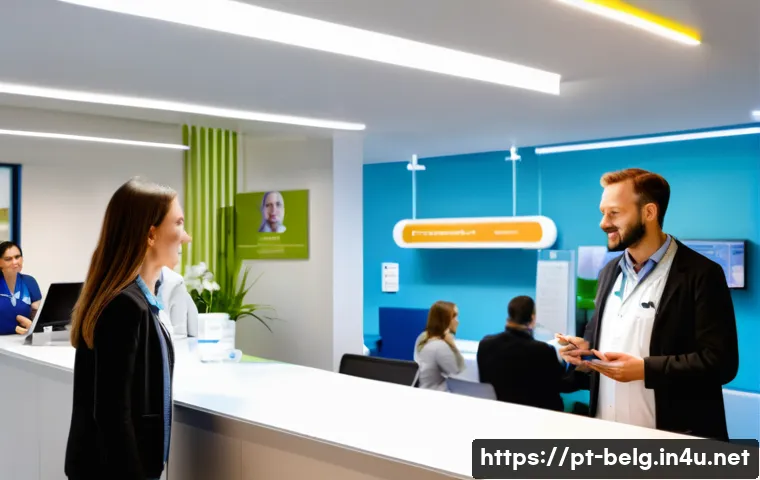 벨기에 공공 의료 - A modern Belgian healthcare clinic reception area bustling with diverse patients and medical staff, ...