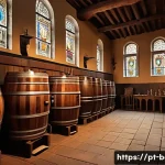 Home 18 벨기에 수도원 맥주 - A detailed, warm interior scene of a traditional Belgian monastery brewery: wooden fermentation tank...