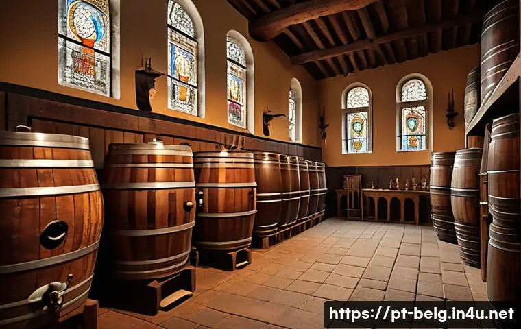 벨기에 수도원 맥주 - A detailed, warm interior scene of a traditional Belgian monastery brewery: wooden fermentation tank...