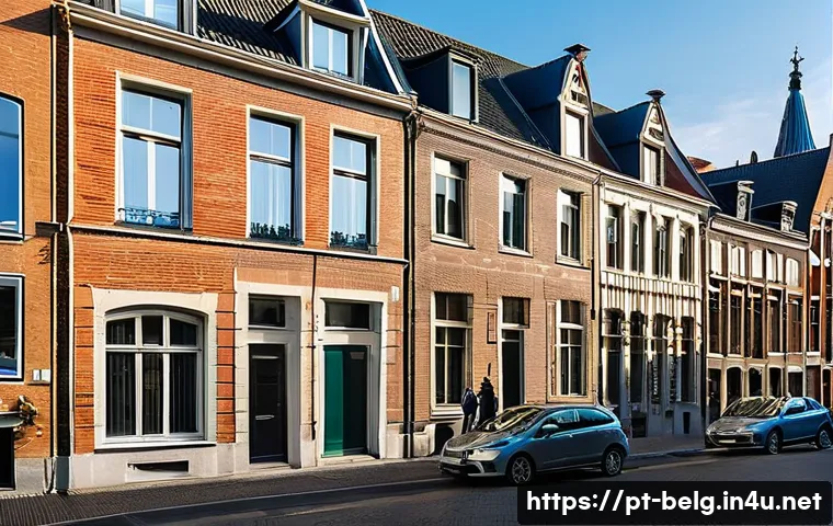 벨기에 부동산 세금 - A detailed urban street scene in Flanders, Belgium, showing a variety of residential buildings with ...