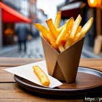 벨기에 감자튀김 문화 - A close-up, hyper-realistic image of perfectly cooked Belgian fries in a traditional Belgian friteri...