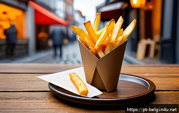 벨기에 감자튀김 문화 - A close-up, hyper-realistic image of perfectly cooked Belgian fries in a traditional Belgian friteri...