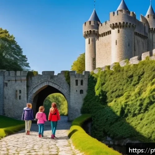 벨기에 가족여행 코스 - A lively medieval castle scene at Bouillon Castle in Belgium, featuring a family with children aged ...