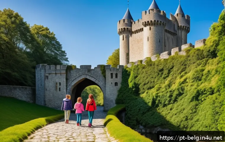 벨기에 가족여행 코스 - A lively medieval castle scene at Bouillon Castle in Belgium, featuring a family with children aged ...