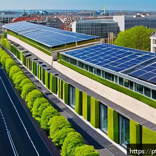 Home 30 벨기에 기후 변화 대응 - A vibrant urban scene in Brussels showcasing renewable energy integration: solar panels installed on...