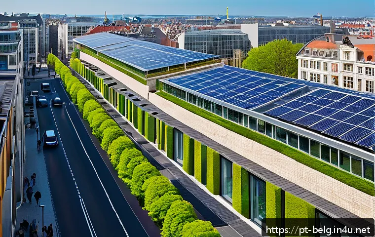 벨기에 기후 변화 대응 - A vibrant urban scene in Brussels showcasing renewable energy integration: solar panels installed on...