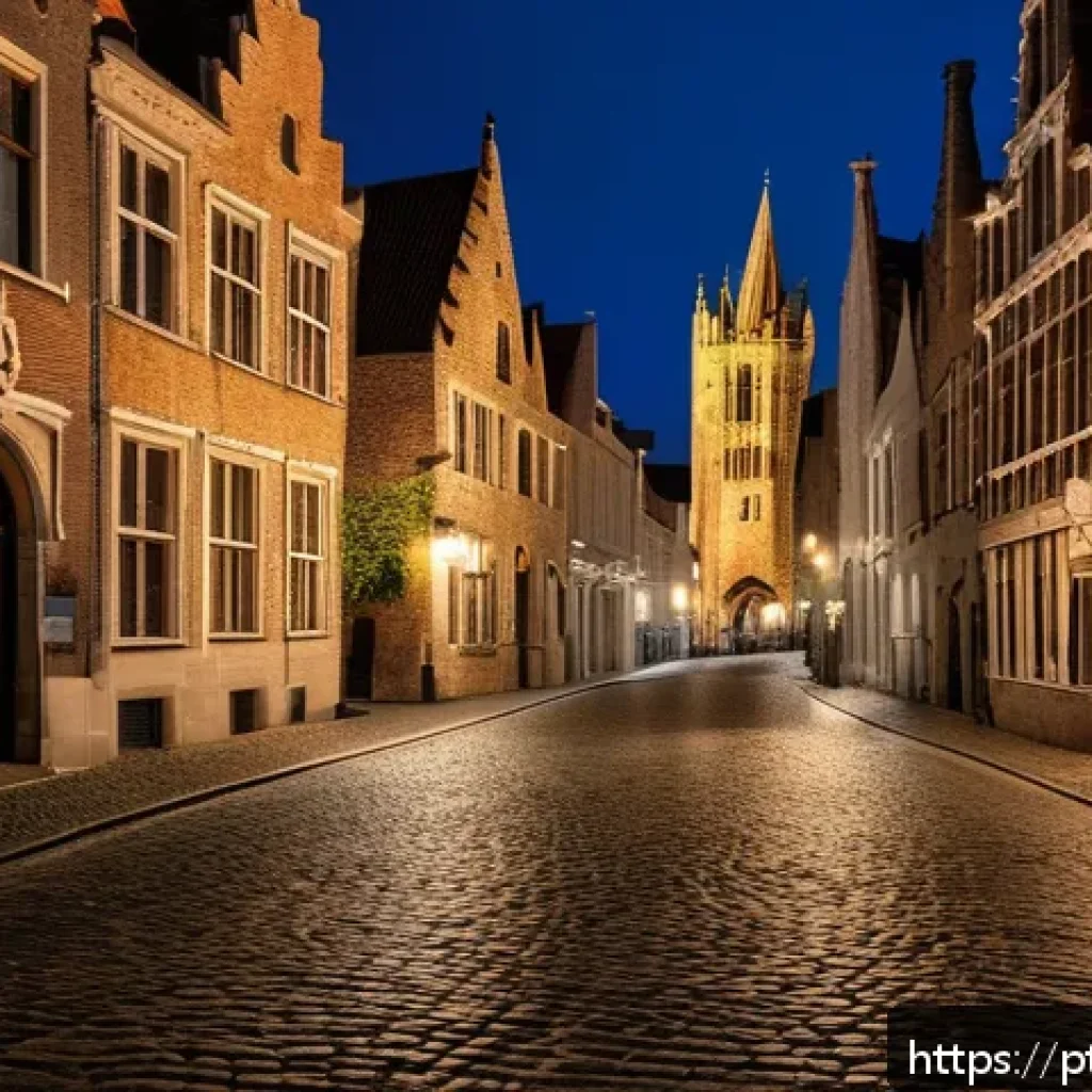 벨기에 야경 명소 - A captivating nighttime street scene in Bruges, Belgium, showcasing centuries-old medieval stone bui...