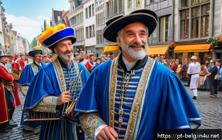 오메강 축제 - A vibrant medieval street parade in the historic center of Brussels during the Omegang Festival, fea...