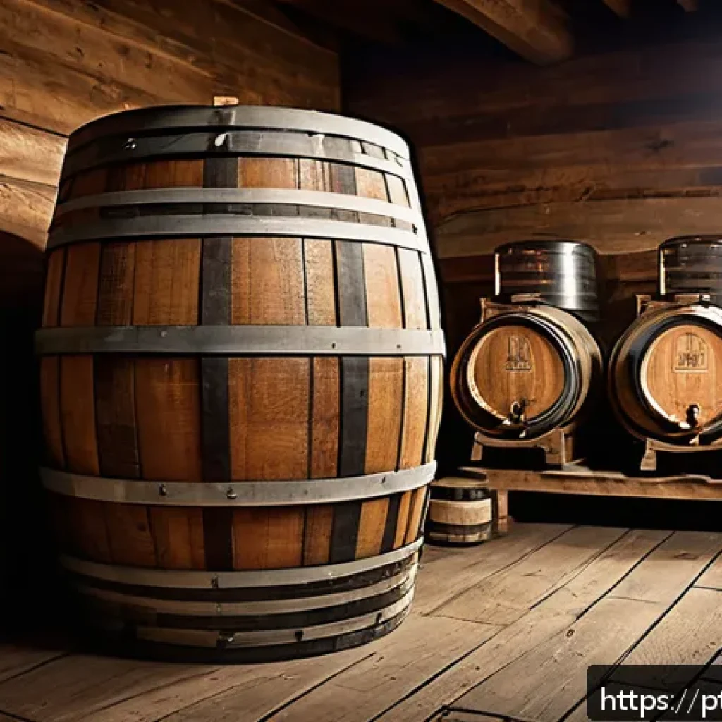 람빅 맥주 - A rustic Belgian brewery cellar scene featuring large wooden barrels aging spontaneous fermentation ...