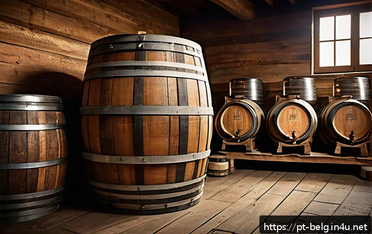 람빅 맥주 - A rustic Belgian brewery cellar scene featuring large wooden barrels aging spontaneous fermentation ...