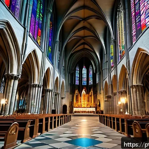 벨기에 중세 건축 - A majestic Gothic cathedral interior in Belgium, featuring soaring pointed arches, intricate ribbed ...
