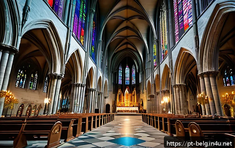 벨기에 중세 건축 - A majestic Gothic cathedral interior in Belgium, featuring soaring pointed arches, intricate ribbed ...