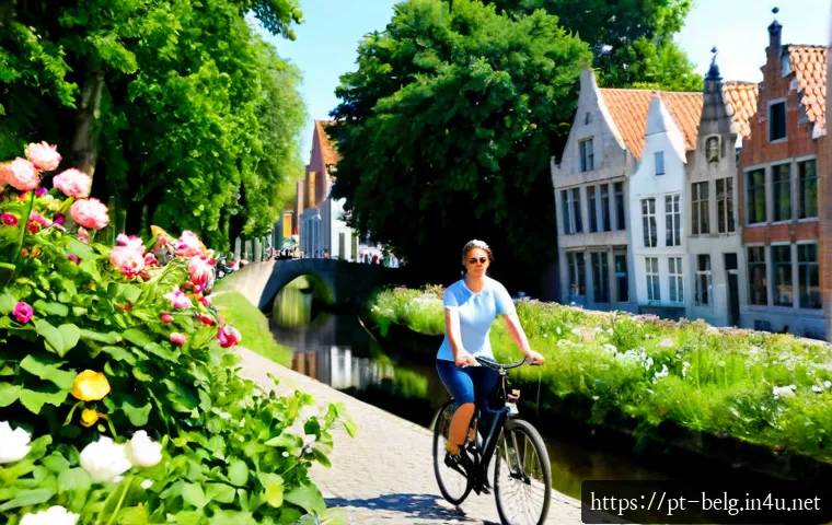 벨기에 여름휴가 - Photorealistic summer holiday in Bruges, Belgium, a Portuguese couple in casual modest summer clothi...