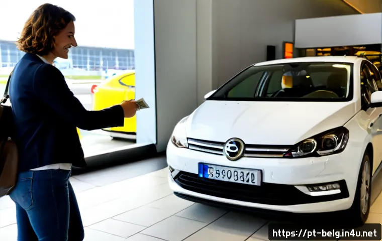 벨기에 자동차 렌트 - Photorealistic travel scene in Belgium, a Portuguese-speaking couple collecting a compact rental car...