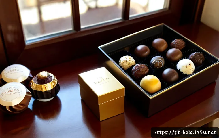 레오니다스 초콜릿 - Photorealistic luxury Belgian-style chocolate assortment in an elegant unbranded gold and deep burgu...